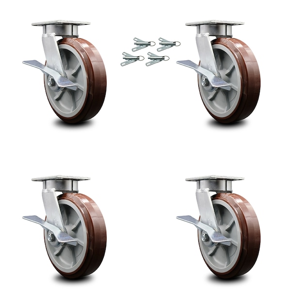 8 Inch Kingpinless Poly on Polyolefin Wheel Caster Set Brake and Swivel Lock SCC